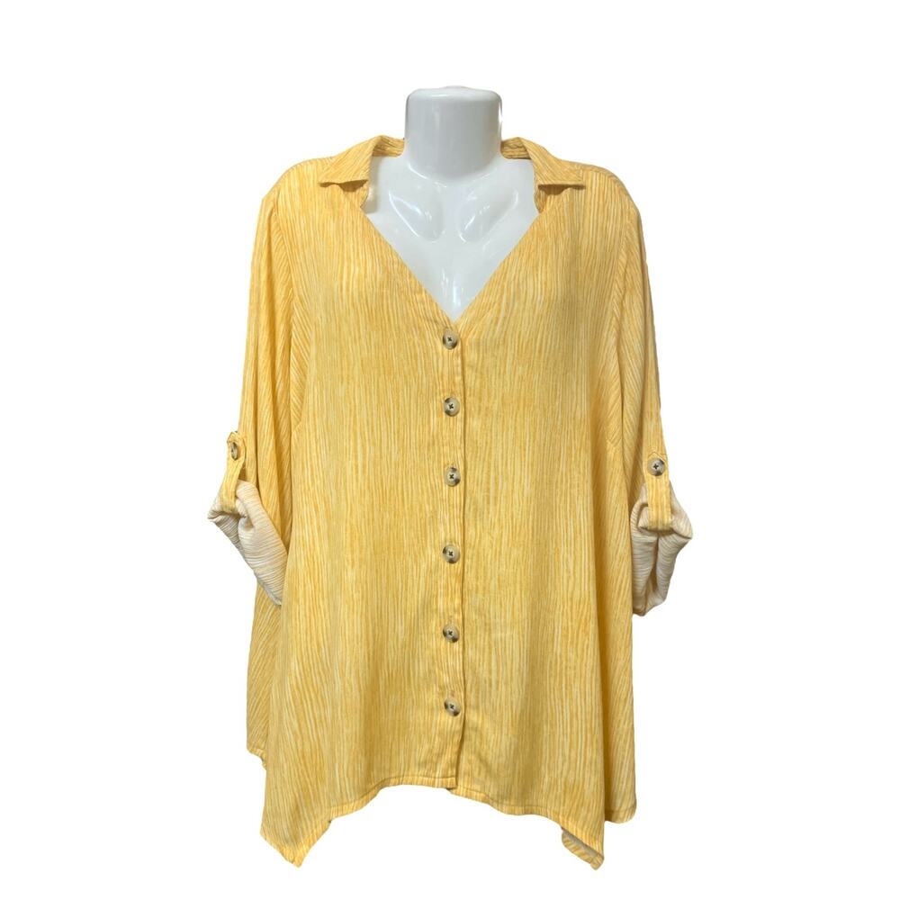 Fred David Women's Yellow V-Neck Roll Tab Sleeve Shark Bite Hem Blouse | Size 1X - Picture 2 of 8
